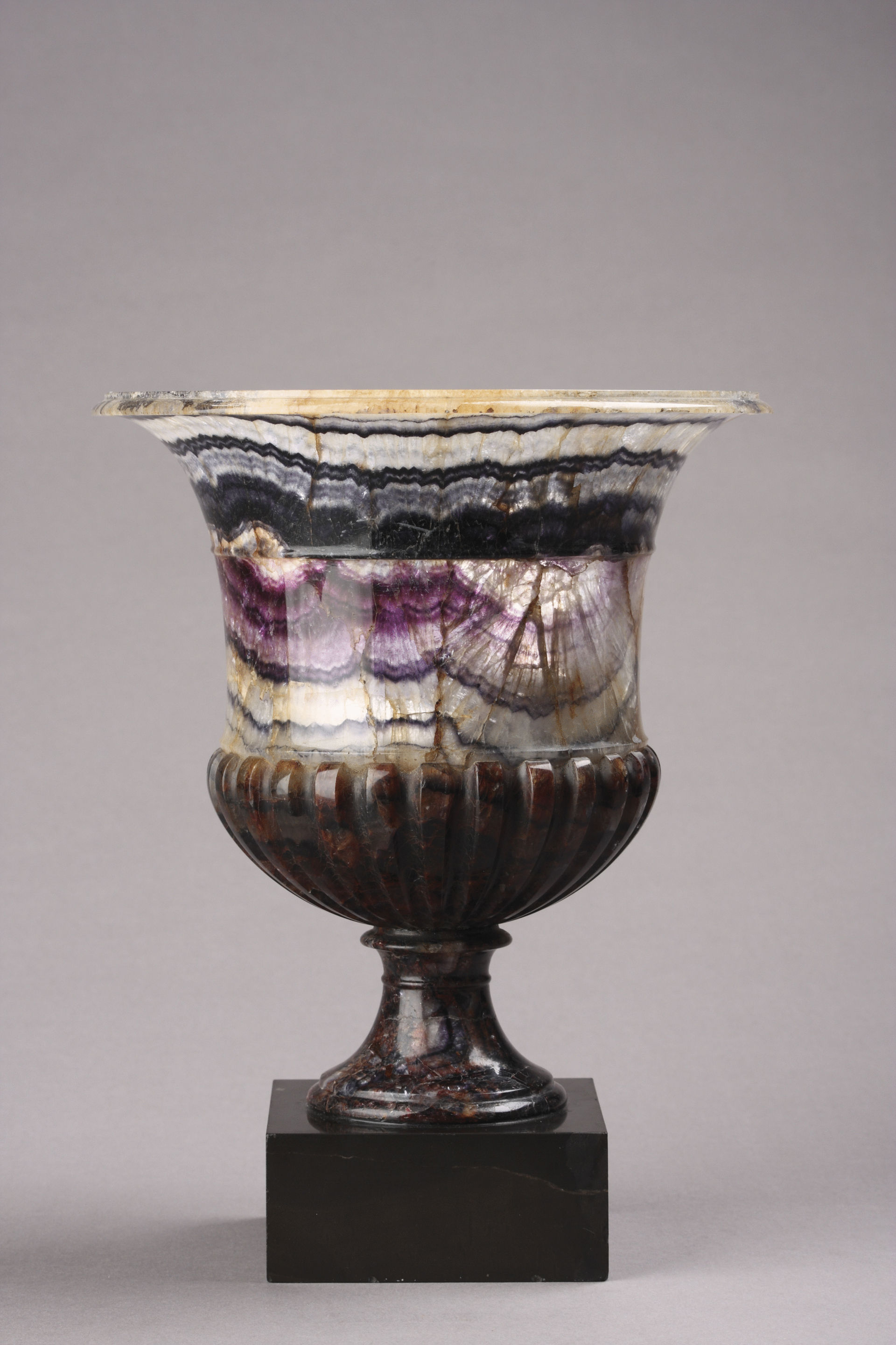 Blue John Neo Classical Campana Vase on a Square Black Marble Base